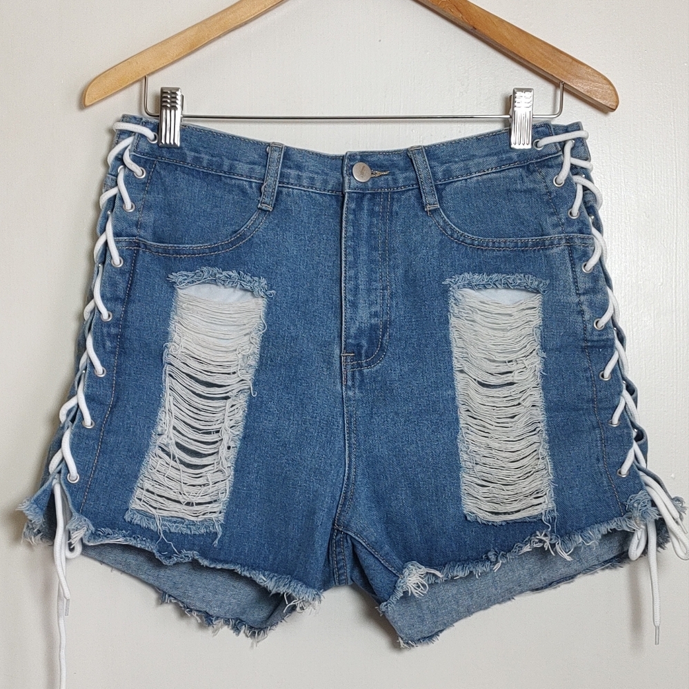 Shein Stylish Blue Denim Lace-Up Shorts